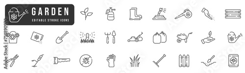 Gardening line icon set. Plant, flowerpot, seed, shovel, sprout, tool etc. Editable stroke