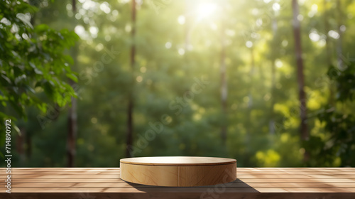blank wood podium on blur forest sun light background 