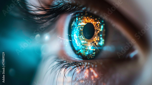 An eye with a digital iris and "AI" reflection, artificial intelligence, blurred background, with copy space
