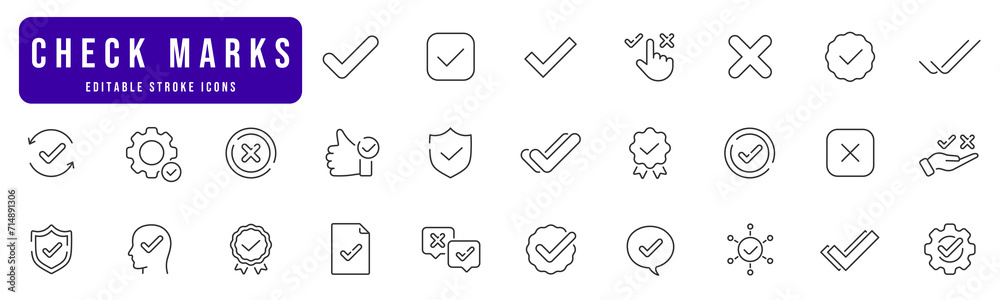 Approve line icon set. Check marks, correct, checkbox, ticks etc
