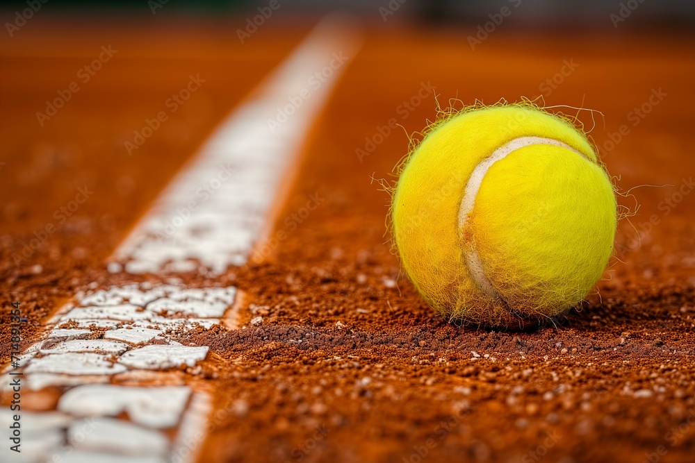 macro detail of a yellow tennis ball on a clay tennis cour with white line
