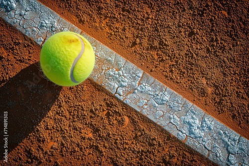 macro detail of a yellow tennis ball on a clay tennis cour with white line