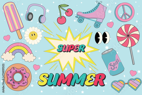 Set of colorful happy groovy summer stickers. Collection of trendy cartoon stickers. A series of stickers characters, food in cartoon style. Groovy hippie 70s stickers. 