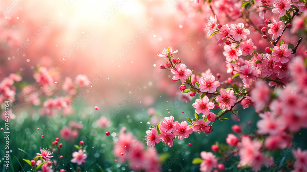 Spring-Themed Background. Green Season With Nature Accent. Blossoming Background With Pink Flowers And Soft Bokeh. Nature Background With Copy Space