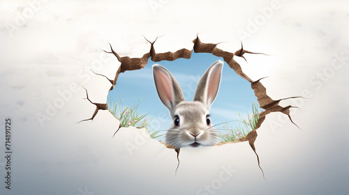 copy space, illustration, Easter bunny poster peeking out of a hole in the wall with copy space, rabbit jumps out of a torn hole. Beautiful background for easter. Easter rabbit illustration with space