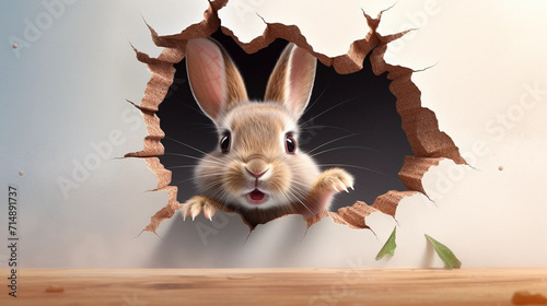 copy space, illustration, Easter bunny poster peeking out of a hole in the wall with copy space, rabbit jumps out of a torn hole. Beautiful background for easter. Easter rabbit illustration with space
