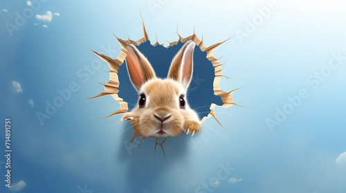 copy space, illustration, Easter bunny poster peeking out of a hole in the wall with copy space, rabbit jumps out of a torn hole. Beautiful background for easter. Easter rabbit illustration with space