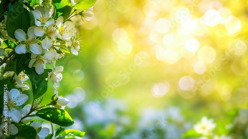 Spring-Themed Background. Green Season With Nature Accent. Blossoming Background With White Flowers And Soft Bokeh. Nature Background With Copy Space