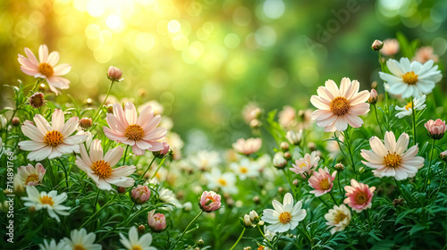 Spring-Themed Background. Green Season With Nature Accent. Blossoming Background With Daisies Flowers And Soft Bokeh. Nature Background With Copy Space