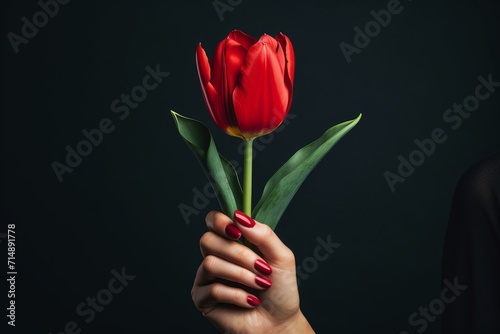 Womans Hand Holding Single Red Tulip. International Women s Solidarity Day March 8.