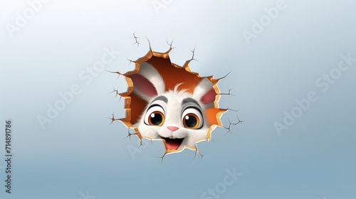 copy space, illustration, Easter bunny poster peeking out of a hole in the wall with copy space, rabbit jumps out of a torn hole. Beautiful background for easter. Easter rabbit illustration with space