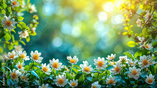 Spring-Themed Background. Green Season With Nature Accent. Blossoming Background With Daisies Flowers And Soft Bokeh. Nature Background With Copy Space