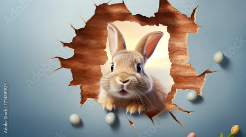 copy space, illustration, Easter bunny poster peeking out of a hole in the wall with copy space, rabbit jumps out of a torn hole. Beautiful background for easter. Easter rabbit illustration with space