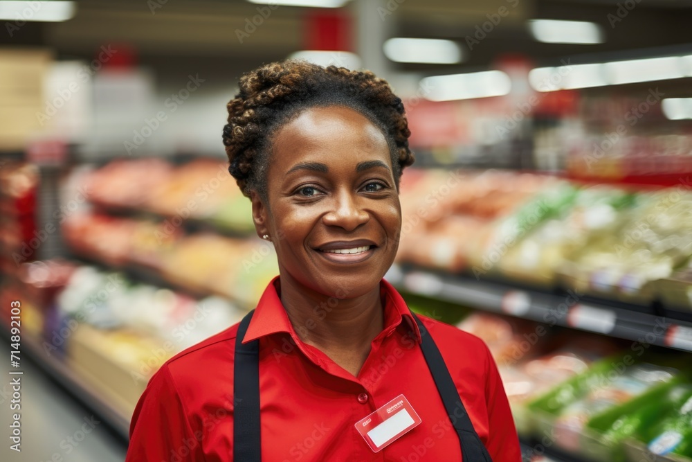 Portrait of a middle aged woman working in grocery store Portrait of a middle aged woman working in grocery store
