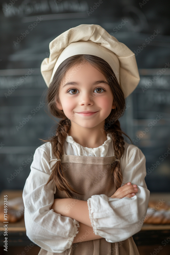 Smiling kid wearing pastry chef outfit. Little girl wearing a pastry