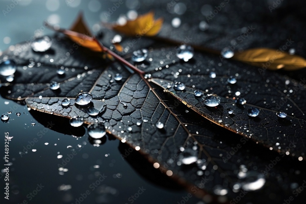 Generative AI's Monochromatic Botanicals Black Leaf and Water Droplets Generative AI's Monochromatic Botanicals Black Leaf and Water Droplets