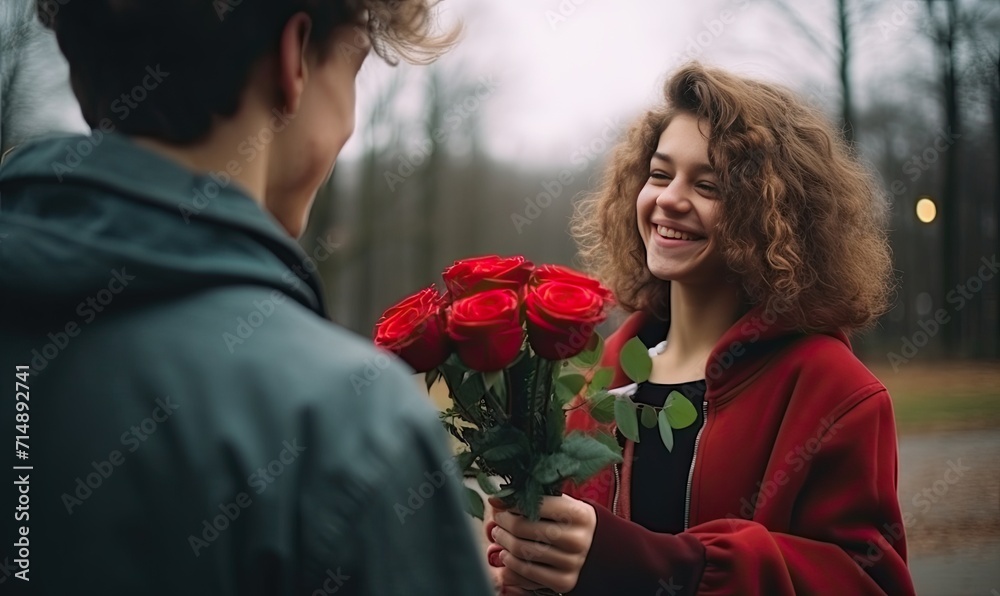 A man holding a bouquet of red roses next to a woman