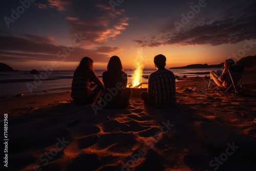 A group of friends enjoying a bonfire on the beach  sharing stories and laughter as they welcome the first sunrise of the year. Generative Ai.