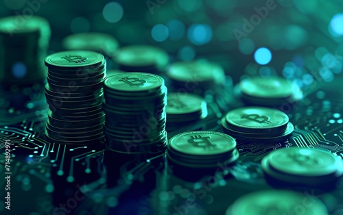 Fotografiet A Pile of Money with a Bitcoin Logo Generative AI