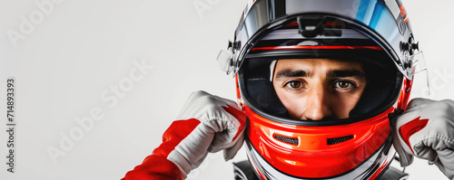 Race driver posing with a helmet on white background