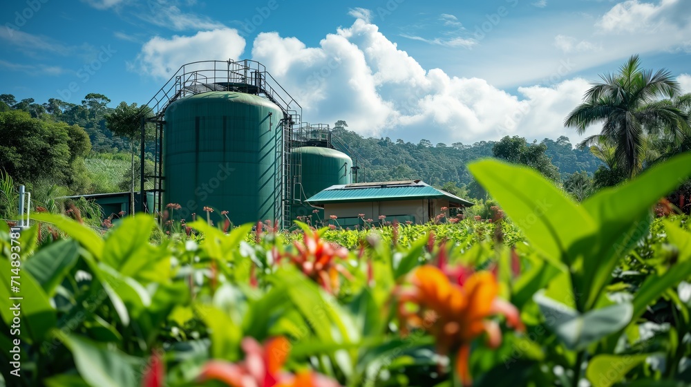 Modern biogas station or factory. Biogas plant. Sustainable energy.