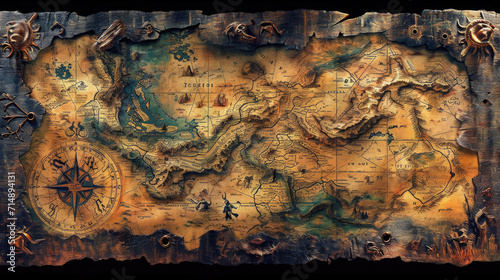 An old, detailed pirate map with adventure symbols.