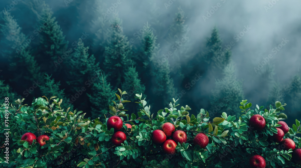 Red apples in focus with a foggy forest backdrop. Red apples in focus with a foggy forest backdrop.