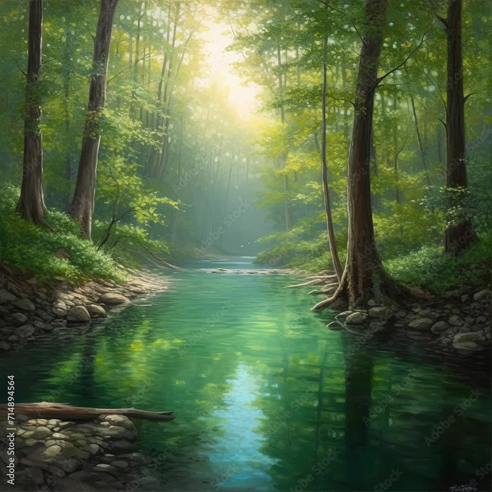 painting of river in forest body of water,tree Generative AI