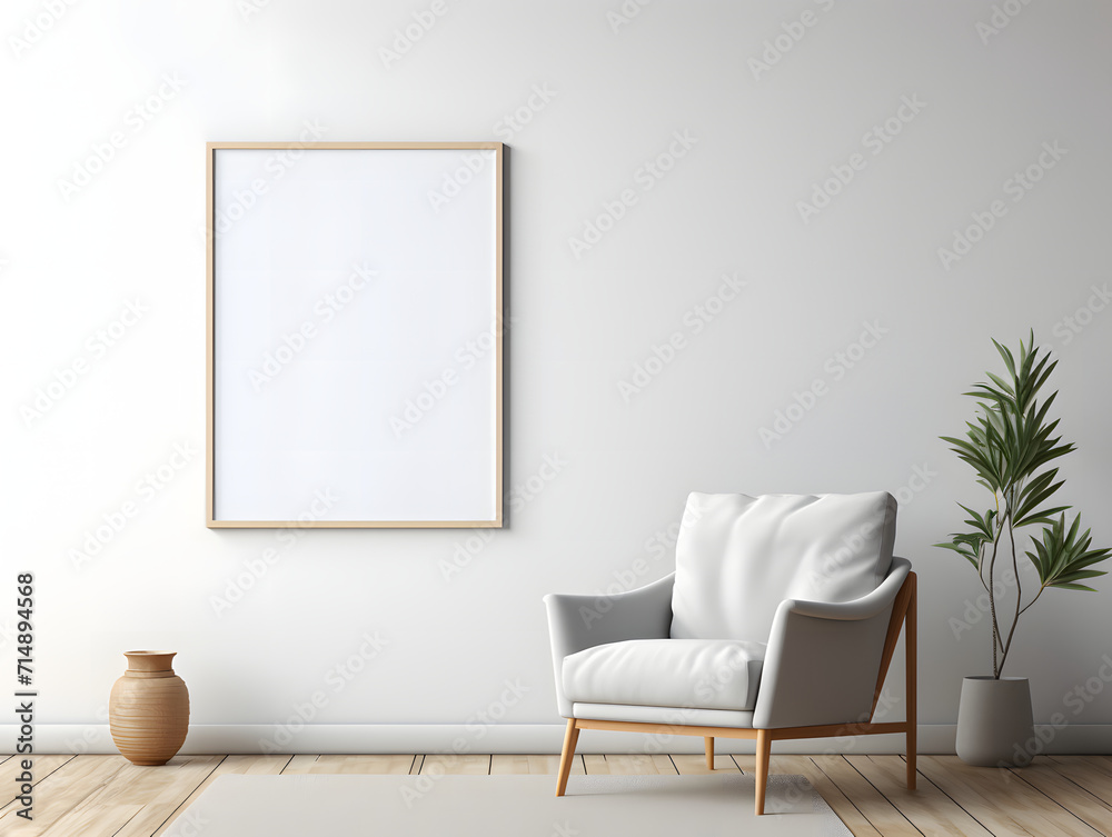 © tanjidvect - Living room with chair and blank white frame mockup on the wall © tanjidvect - Living room with chair and blank white frame mockup on the wall
