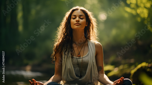 A young, happy woman breathing deeply sitting in a green forest in the background practicing yoga.