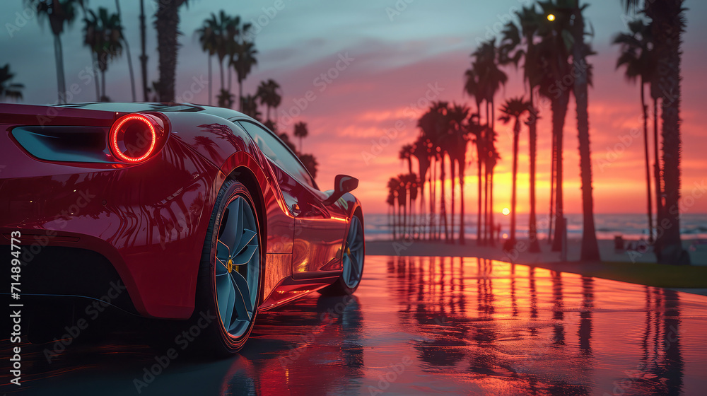 Sleek red sports car parked by a beach with palm trees at sunset. - obrazy, fototapety, plakaty 