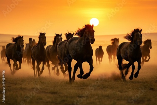 A group of untamed horses run across an open grassland, stirring up dust, beneath a setting sun. Generative AI © Natalia
