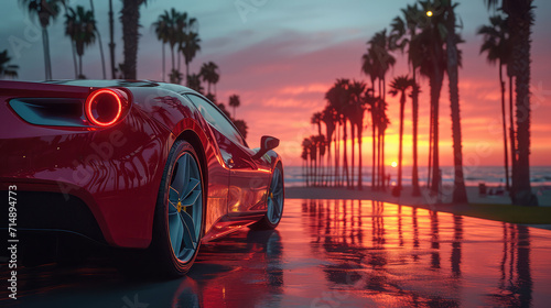 Sleek red sports car parked by a beach with palm trees at sunset.