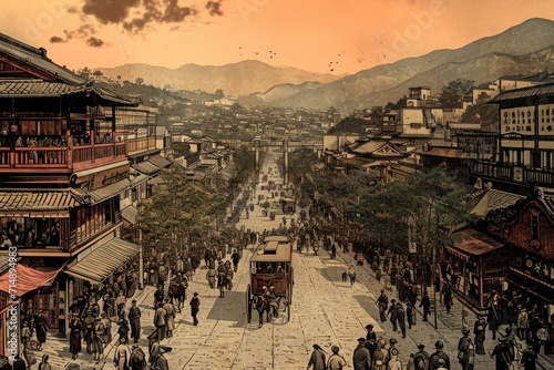 Historical Japanese Street Scene with Tram and Pedestrians
