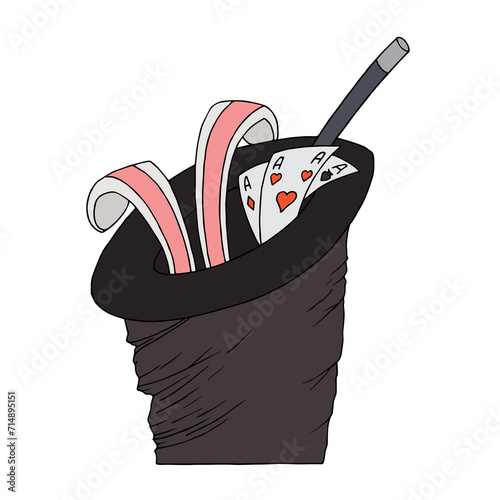 Photography A magician's top hat with rabbit ears, a magic wand and cards.