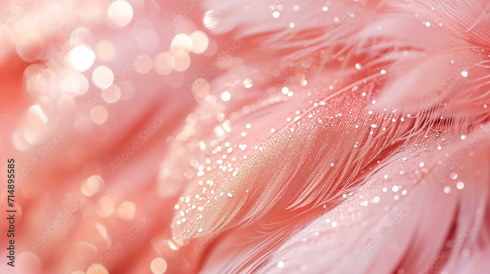 macro detail of photo of pastel pink feathers covered in gold shiny glitter background, Easter, cabaret, glamour macro detail of photo of pastel pink feathers covered in gold shiny glitter background, Easter, cabaret, glamour