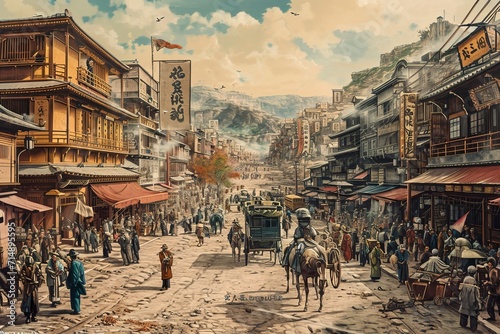 Historical Japanese Street Scene with Tram and Pedestrians
 photo