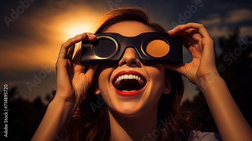 Laughing young Caucasian woman in special sunglasses looks at the sky and solar eclipse, excitedly watching phenomenon