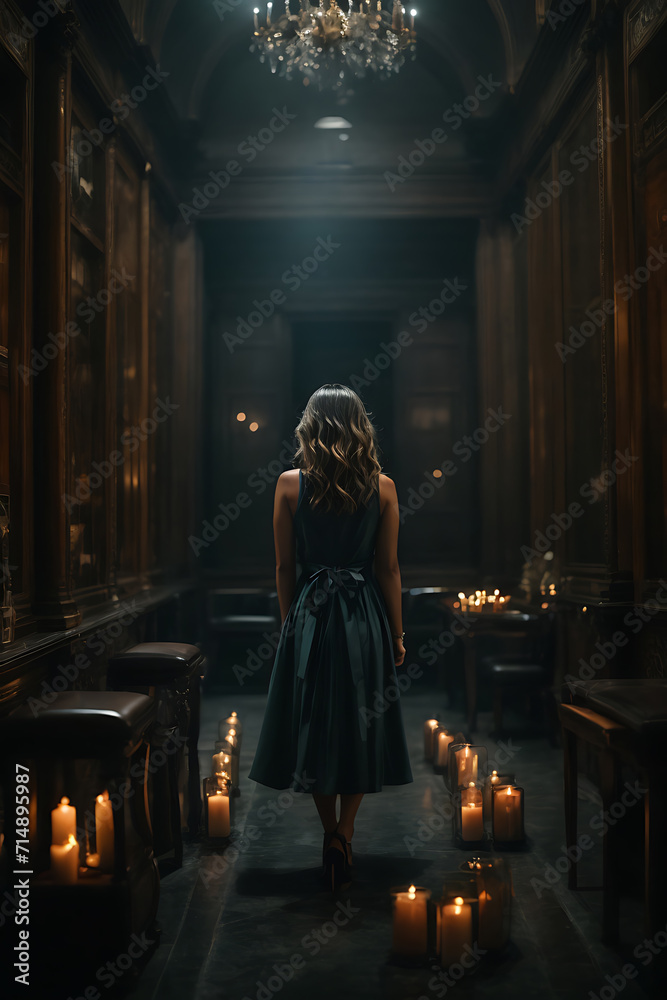 Woman in Dark Room With Candles - Mysterious and Serene Scene. Generative AI.