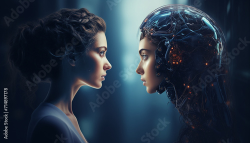 Woman opposite AI. The concept of confrontation betwe