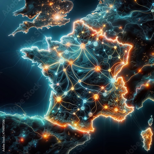 Blue veins of energy, France's grid mapped: Reactors hum, cities gleam.