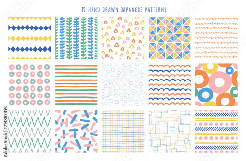 15種類の手描きのシンプルなシームレスパターンコレクション