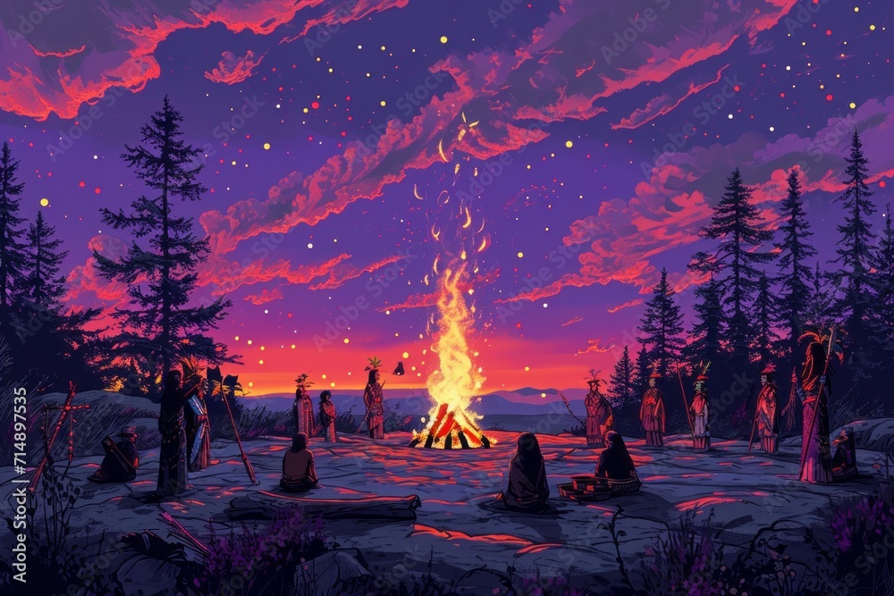 Mystical Evening Bonfire Gathering Under Starry Sky
 - obrazy, fototapety, plakaty 