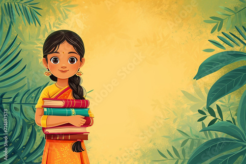 A portrait of a Indian girl with beautiful Sareee, Nature and yellow mixed copy space background
