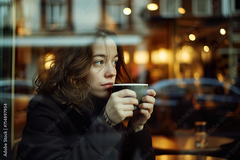 Latte Gaze: A Candid Shot of a Girl Enjoying a Warm Drink Inside a Café Latte Gaze: A Candid Shot of a Girl Enjoying a Warm Drink Inside a Café