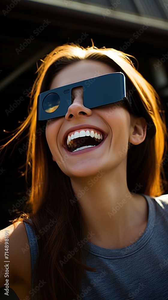 Laughing young Caucasian woman in special sunglasses looks at the sky and solar eclipse, excitedly watching phenomenon - obrazy, fototapety, plakaty 