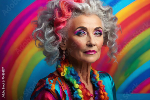 Portrait of beautiful senior woman with creative hairstyle and colorful makeup