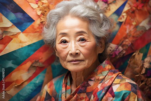 Gorgeous beauty of old Japanese woman close up on abstract trianglic colorful background. Grandma  grandma  grandma