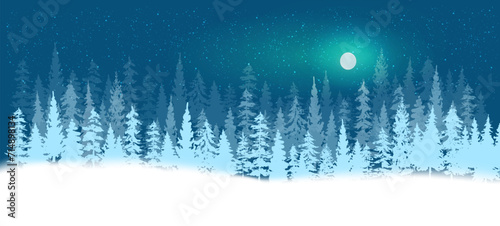 Winter background with pine trees at night in moonlight