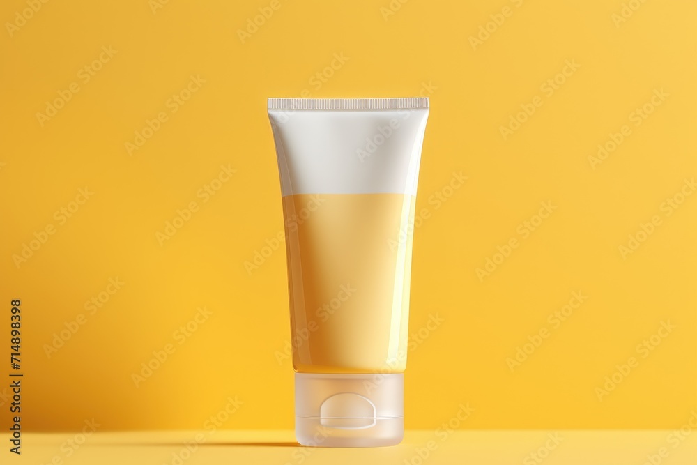 Yellow tube with hand cream. Presentation of cosmetics on yellow background. Cosmetic product mockup. Recycled plastic lotion can. Cosmetic mask. Yellow tube with hand cream. Presentation of cosmetics on yellow background. Cosmetic product mockup. Recycled plastic lotion can. Cosmetic mask.